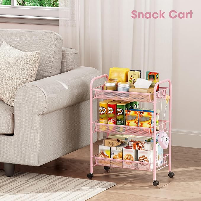 TOOLF 3 Tier Rolling Cart, Metal Utility Storage Cart with Wheels, Pink | 3 Hooks, Screwless Assembly, Trolley Organizer for Bathroom, Kitchen, Office, Nursery, Dorm, Laundry Room - Image 7