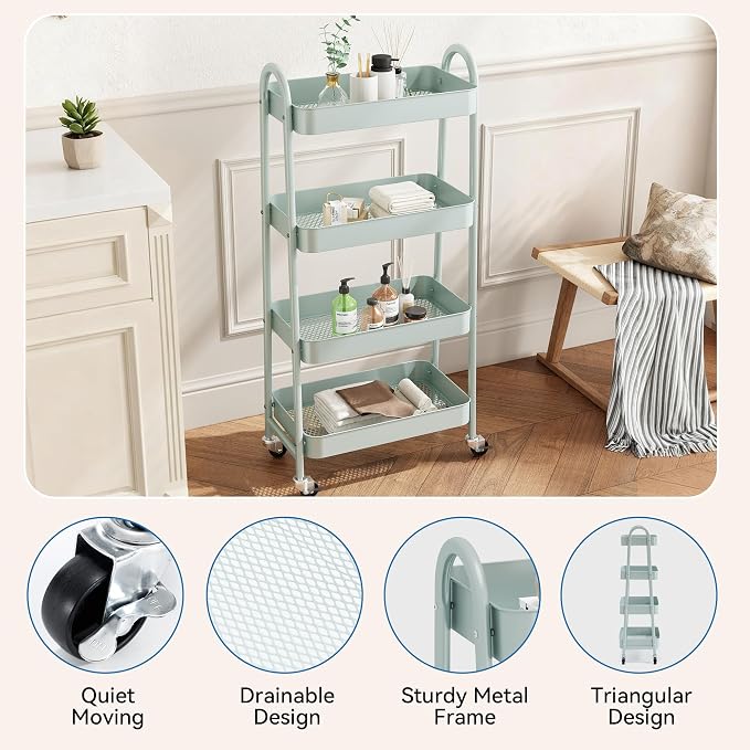 NEWBULIG 4-Tier Metal Rolling Storage Utility Cart with Lockable Wheels | Mobile Organizer Shelf, Space-Saving, Freestanding, Bathroom, Living Room, Slim, Narrow Corner Spaces, Green - Image 2
