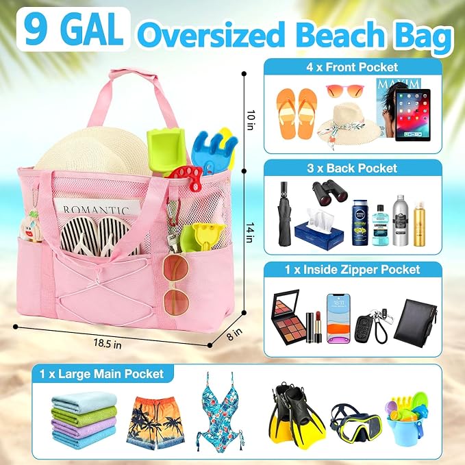 Fammart Mesh Beach Bag for Women, Large Beach Toy Pool Bag with Zipper Pocket, SandProof Cruise Essentials 2026 Family Travel - Image 3