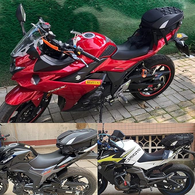 Motorcycle Tail Bag,Waterproof Seat Bag,Dual Use Backpack With Cargo Net | Expandable Helmet Bag with Rain Cover & Shoulder Strap, Multifunctional Storage Saddle Bag, Motorbike Luggage Tail Pack - Image 4