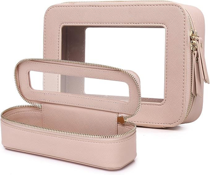 Pinkmik Travel Clear Makeup Bag, (Pink, M+SLIM) | Brush Case, TSA Approved Toiletry Bag, Waterproof Cosmetic Organizer with Zipper, Car Essential for Women by Pinkmik