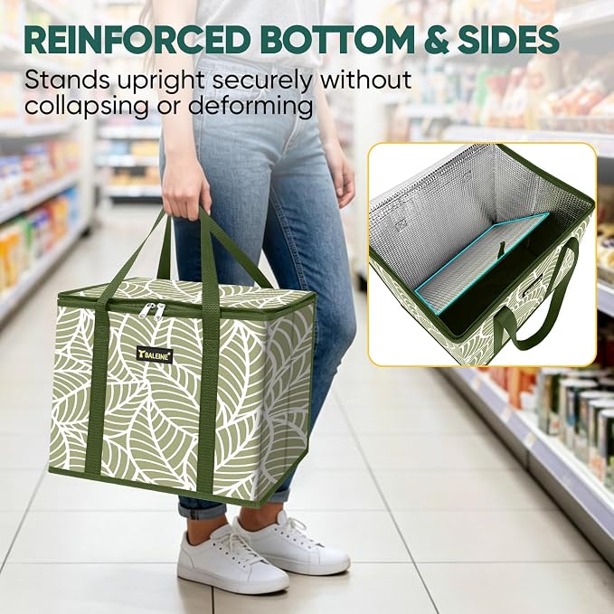 BALEINE 1PK Insulated Reusable Grocery Bag, Heavy Duty Shopping Tote | Foam & Foil Insulation, 9" Long Handles, Reinforced Bottom Keeps Upright, Fold Flat Storage, Water-Resistant Shopping Bag - Image 3