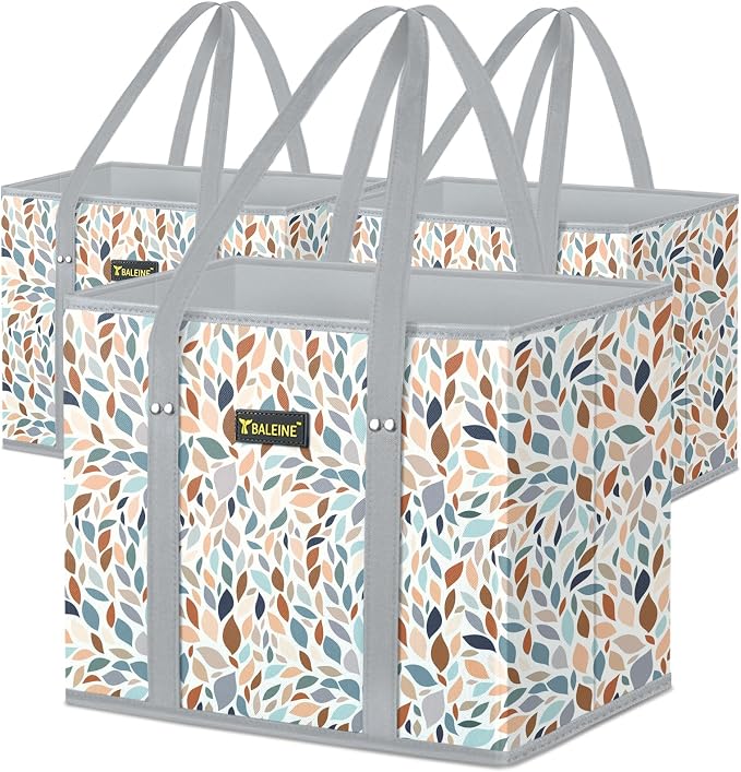 BALEINE 3PK Reusable Grocery Bags, Heavy Duty Shopping Tote Bag | 12'' Long Handles, Reinforced Bottom Keeps Upright, Fold Flat Storage, Water-Resistant Shopping Bag, Multiple Color Options by BALEINE