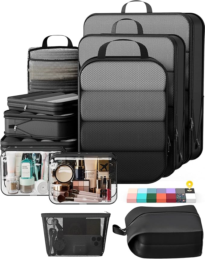 Veken 11 Set Compression Packing Cubes Garment Bags for Travel Essentials,Compressible Expandable Luggage Organizer Bags for Clothing,Space Saver Bags with Over 1000 pcs of Mesh Holes(Black) by Veken