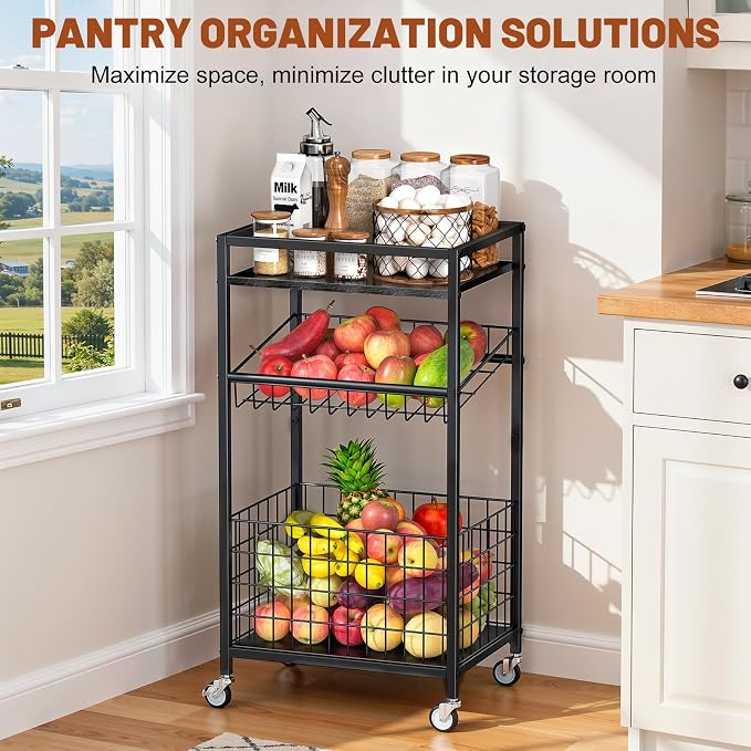 Fruit Vegetable Cart, 3-Tier Snack Cart on Wheels & Wood Top, Black | Vegetable Rack For Kitchen, Kitchen Cart Organizer for Fruit, Vegetables, Potato, Snack - Image 5