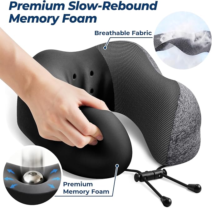 ExploreBliss Travel Pillow, Neck Pillow Airplane, Grey & Light Grey | Travel Pillows for Airplanes, Neck Pillow Airplane, Memory Foam Neck Pillow Set with Eye Mask, Earplugs - Image 3