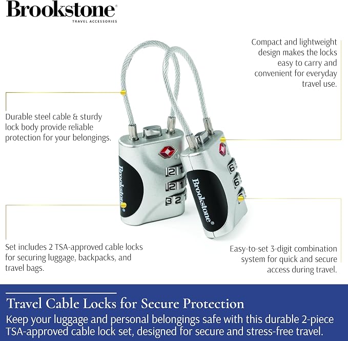 Brookstone Cable Luggage Locks, 2 Pack, TSA Approved, Resettable | 3-Digit Combination Lets You Set Your Own Code, Slim Design Threads Through Zippers or Straps, Great for Bags - Image 2