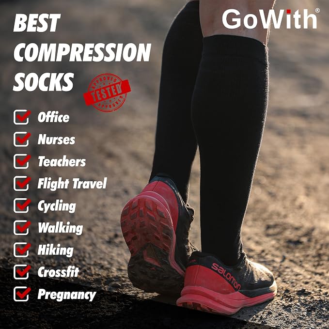 GoWith Unisex Black Merino Wool Graduated Compression Socks, 15-20 mmHg Thermal Travel Knee High Socks for Men & Women - Image 2