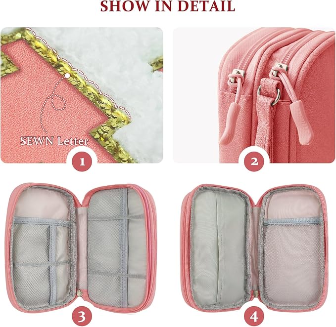 COSHAYSOO Cord Charger Organizer Travel Case Traveling Trip Gifts for Women TECH Bag Chenille Letter Pouch, Electronics Accessories Summer Camp College Dorm Essentials Must Have for Teen Girls Pink - Image 3