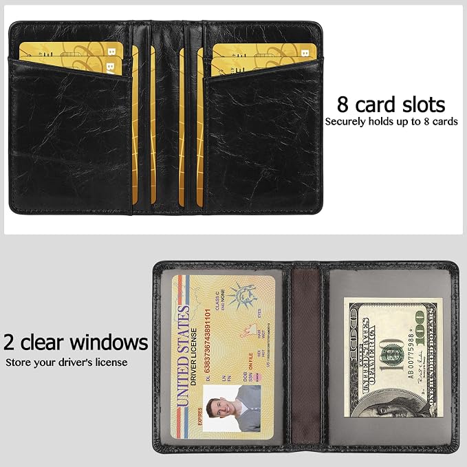 Unaone Slim Minimalist Wallet - Premium Leather Card Holder RFID Blocking Card Case with 8 Card Slots and 2 ID Window, Crackle Black - Image 2