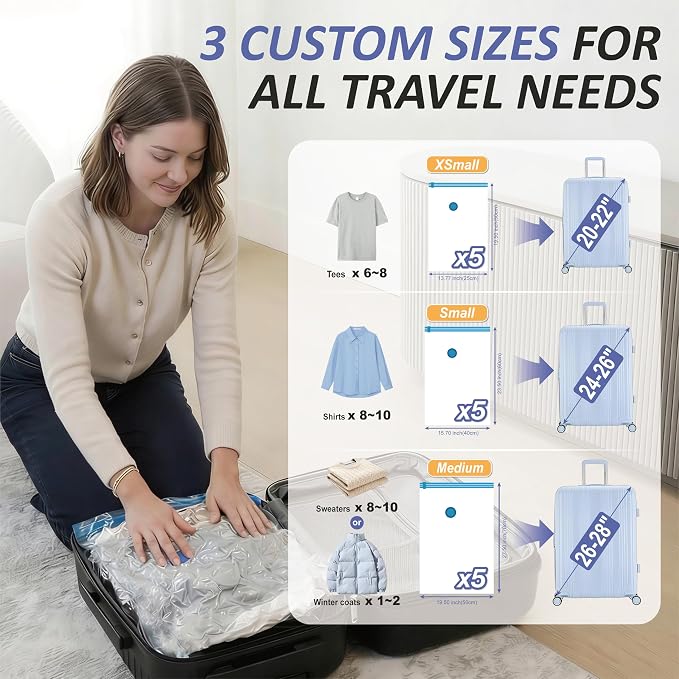 Cozy Essential Travel Vacuum Storage Bags with Rechargeable Cordless USB Pump, Space Saver Bags for Luggage, Suitcase, Carry-On, for Clothes, Blankets, Bedding & Seasonal Storage,15 Combo - Image 4