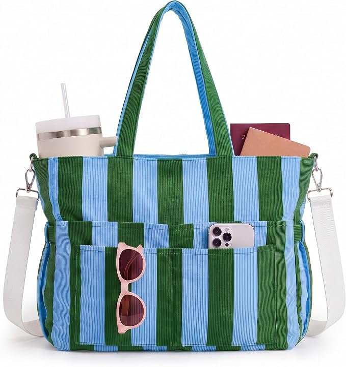 Kacctyen Striped Beach Tote Bag for Women Large Beach Foldable Tote Bag with Zipper Pockets for Travel Pool by Kacctyen