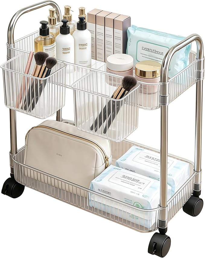 2 Tier Utility Rolling Cart with Wheels Sofa Side Table Small Under Desk Storage Organizer, Clear Acrylic Plastic Mobile Trolley Organization Storage Cart for Kitchen Pantry Bathroom Vanity by Ufriandz