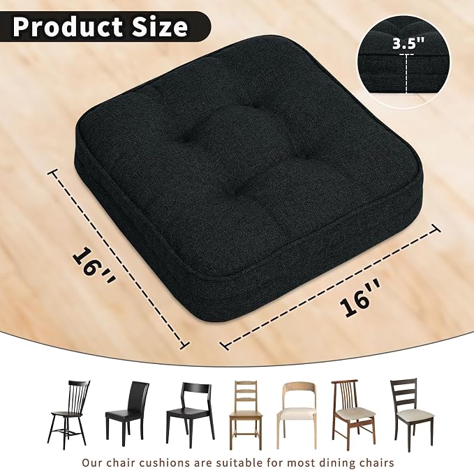 GOFORIT Tufted Shredded Memory Foam Chair Pads，Kitchen Chair Cushions for Dining Chairs,Non-Slip Seat Cushions with Removable Cover, 16'' x 16'', 6 Pack,Black - Image 2