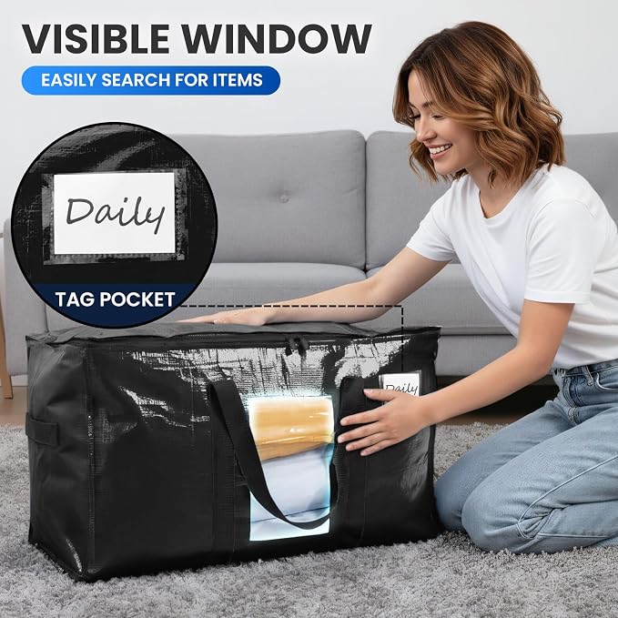 TAILI 10 Pack Black Extra Large Moving Bags,Storage Bag with Visible Window | 93L Heavy Duty Totes For Storage,Wrap Around Handles,Alternative to Moving Boxes, College Dorm,Perfect for Moving - Image 5