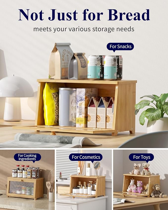 Kitsure Wooden Bread Box for Kitchen Countertop, 1-Tier, Bamboo | Large Capacity Kitchen Countertop Organizer, Stylish Bread Storage with Window, Multi-functional Container - Image 8