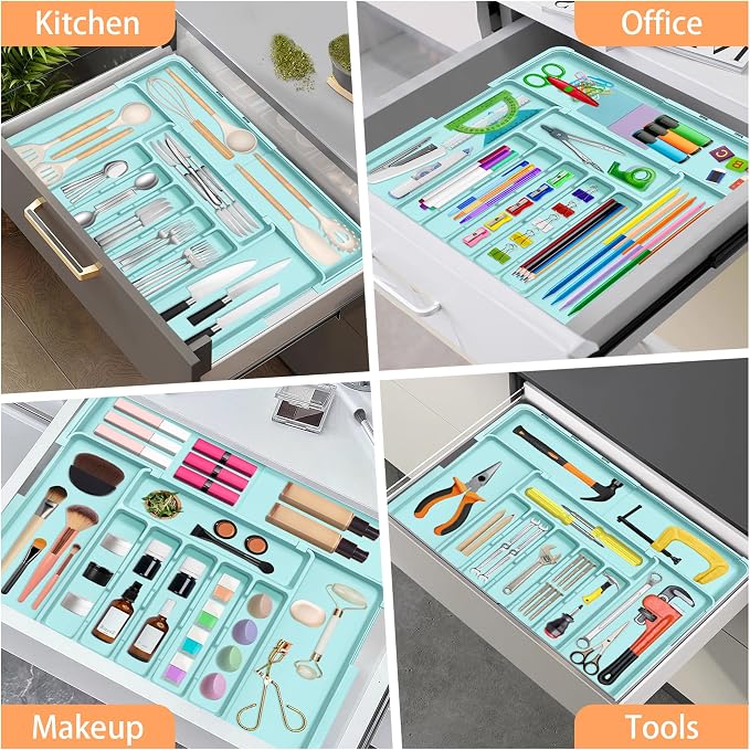 Silverware Organizer Expandable Kitchen Utensil Drawer Organizer Large BPA Free Adjustable Cutlery Silverware Tray for Spoons Forks Knives Storage Divider for Kitchen Flatware 6-9 Slots Turquoise - Image 9