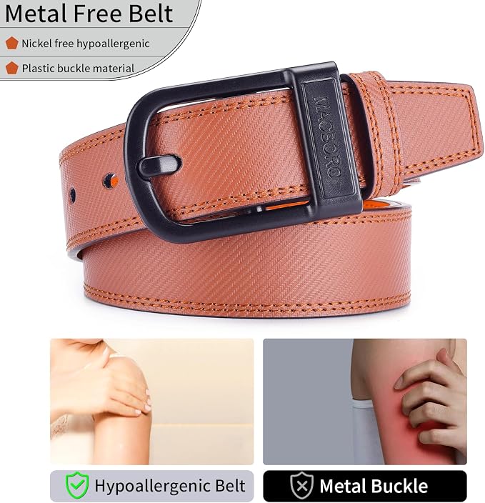 Non Metal Tsa Approved Belt Nickel Free Hypoallergenic Plastic Buckle Travel Leather Belt 1.38" - Image 3