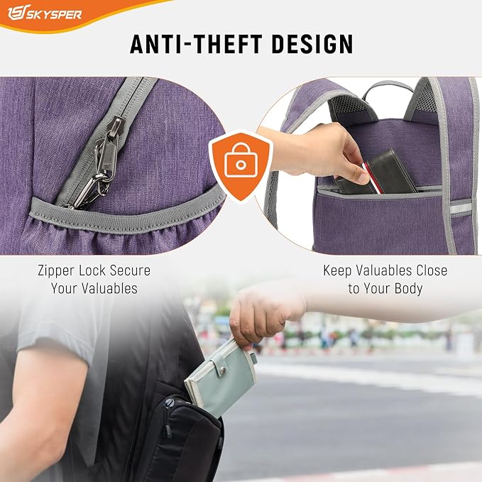 SKYSPER Anti Theft Hiking Backpack, 20L RFID Packable Travel Daypack, Lightweight Foldable Back Pack for Walking Daytrip - Image 3