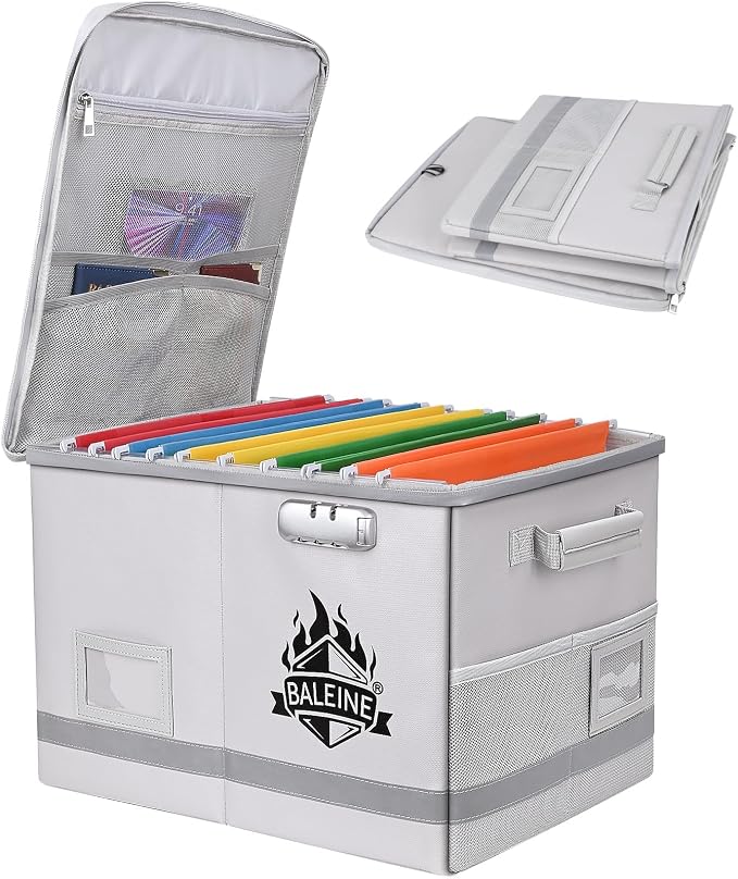 BALEINE Fireproof Document Box with Lock, Portable Fireproof Document Bag Waterproof Fire Proof File Boxes for Documents, File Organizer Box for Important Paperwork (Sliver, 16''x12.5''x11.5'') by BALEINE