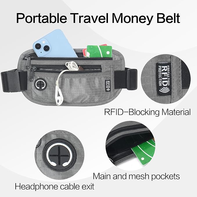 Slim RFID Blocking Money Belt for Travel - Anti-Theft Hidden Passport Holder Waist Wallet with Secure Pouch for Cash, Credit Cards & Phone Safe (Grey) - Image 3
