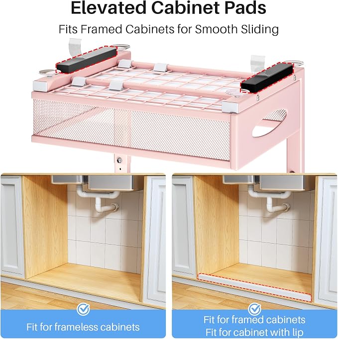 Under Sink Organizer, 2 Pack 2 Tier Pull Out Under Cabinet Organizer Shelf with Pad for Framed Cabinets, Metal Slide Out Under Sink Storage, Mesh Sliding Drawers for Kitchen Bathroom Laundry, Pink - Image 7