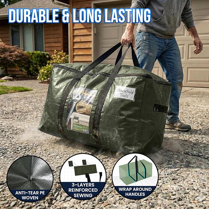 TAILI 2 Pack Green Extra Large Moving Bags,Storage Bag with Visible Window | 93L Heavy Duty Totes For Storage,Wrap Around Handles,Alternative to Moving Boxes, College Dorm,Perfect for Moving - Image 4