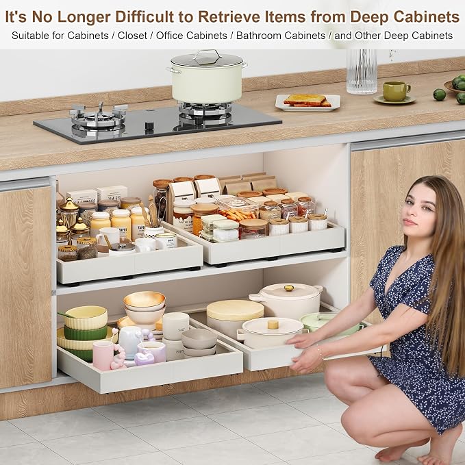 Fokyfok Pull out Cabinet Organizer,11"-16"W,17"-24"D,Expandable,Adhesive | No Drill,3 Rails,Adjustable Slide out Drawers for Kitchen,Pantry,Roll out Shelves,for Cabinets Without Lip,Bathroom,White,1PC - Image 5