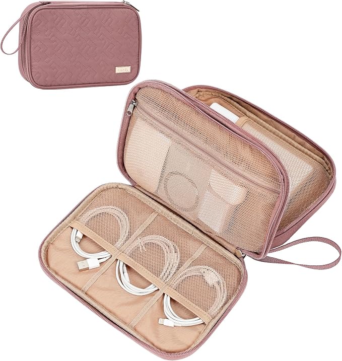 NISHEL Electronics Travel Organizer Cord Case, Charger Cable Tech Bag | Double-layer bag keeps chargers, cables, flash drive, and small tech essentials organized for trip, Large, Rose-wood by NISHEL