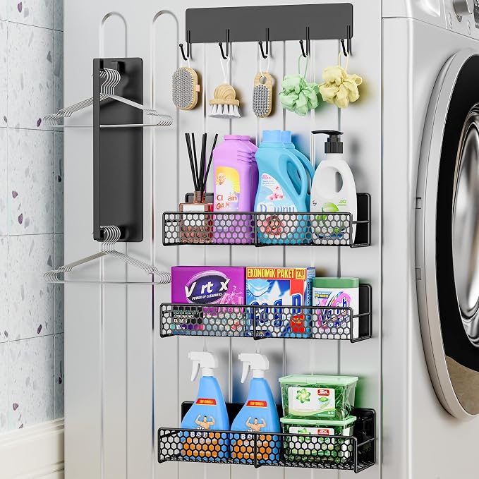 5 Pack Multifunctional Magnetic Shelves for Washing Machine & Refrigerator - Heavy Duty Laundry Room Organization System with Tool Hooks, Metal Storage Baskets (Black) by Unknown