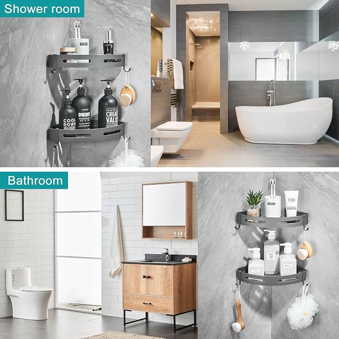 2-Tier Corner Shower Shelf, Dark Grey | No Drilling Bathroom Shelves Shower Caddies Adhesive Bath Corner Shelf Wall Mounted Bathroom Shower Caddy Organizer - Image 3