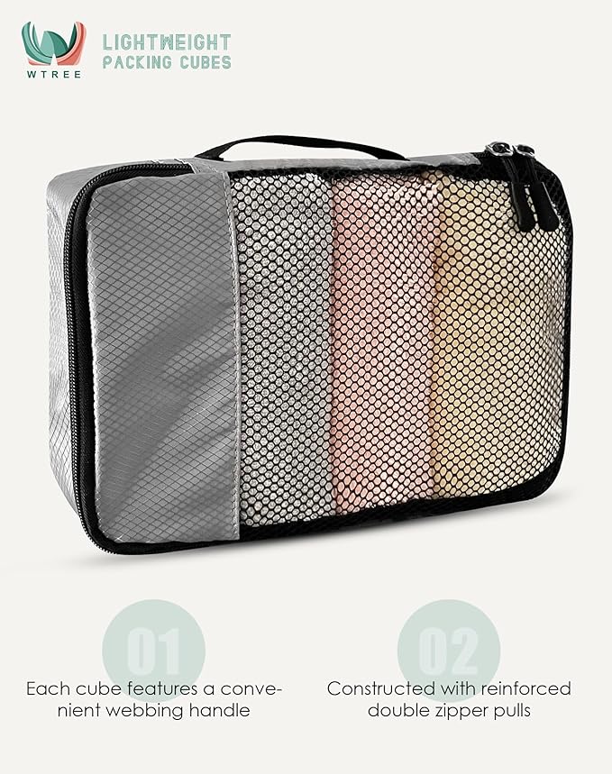 WTREE 4-Piece Packing Cubes Travel Accessories Set for Suitcases - Luggage Organizer Bags with Double Zipper - Mesh Top - Small/Medium/Large/Slim - Grey - Image 4