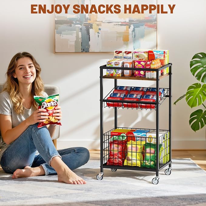Fruit Vegetable Cart, 3-Tier Snack Cart on Wheels & Wood Top, Brown | Vegetable Rack For Kitchen, Kitchen Cart Organizer for Fruit, Vegetables, Potato, Snack - Image 6
