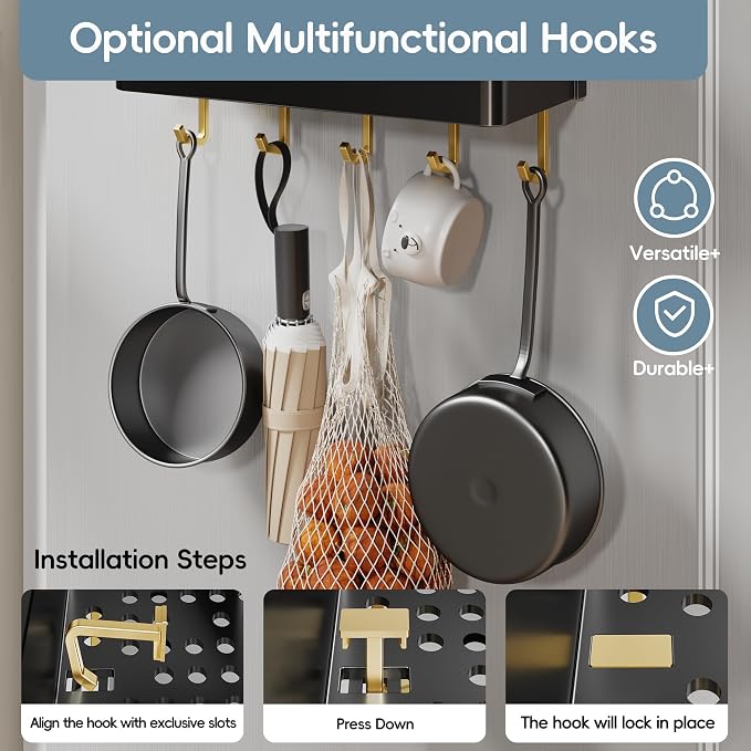Magnetic Spice Rack for Refrigerator 2 Pack Large Magnet Shelf for Fridge Kitchen Storage Organization with 10 Removable Golden Hooks - Image 7