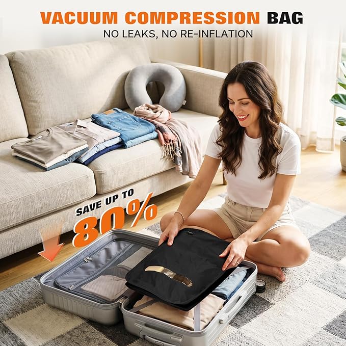 Vacuum Bags for Travel with Wired Pump, Travel Compression Bags for Clothes, 180° Open Zipper, Save 80% Space, IP68 Waterproof Travelpack Vacuum Kit for Luggage, Suitcase, Home Storage (2 Pack + Pump) - Image 2