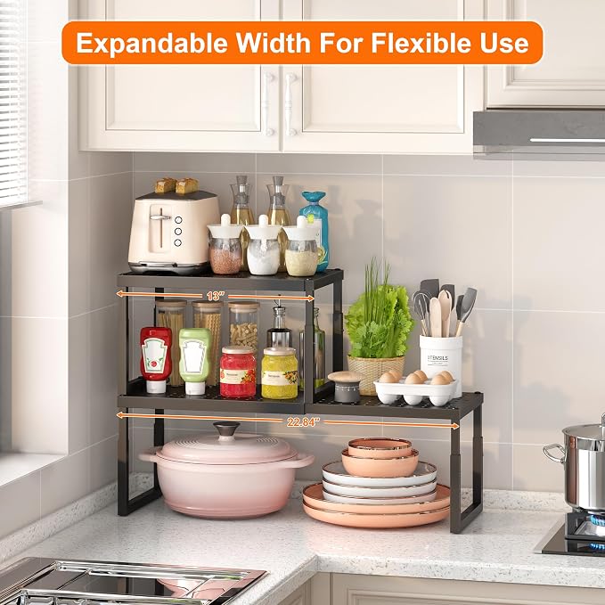 RUILALIFE Expandable-Stackable-Shelf-Organizer-For-Cabinet Pantry Closet,Kitchen Counter Shelf With Adjustable Height, Metal Storage Shelf Riser Spice Rack For Cupboard Countertop - Image 4