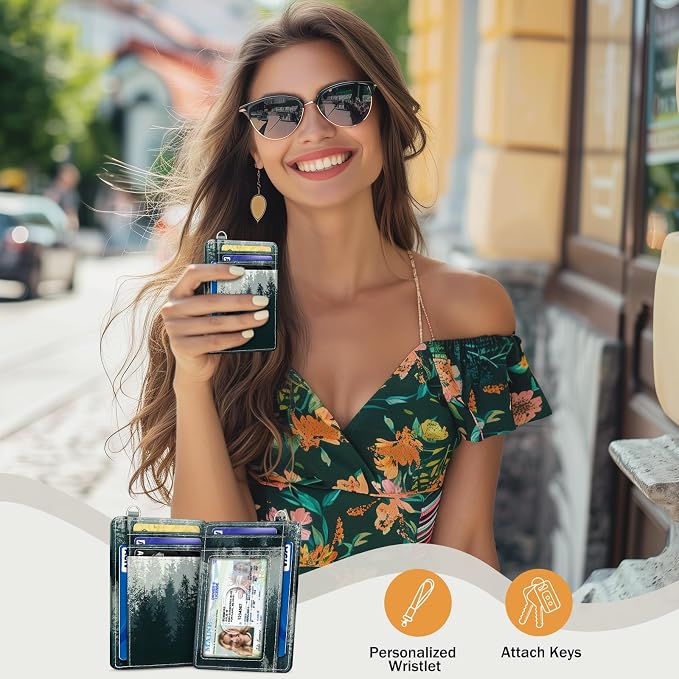 Yonlevres Forest Credit Card Holder Slim RFID Wallet Women Small Travel | Front Pocket, Handy, RFID Blocking, Woman Girls Ladies Gifts, D-ring for Keychain,Thin Mini Card Case, ID Window, PU Leather - Image 2
