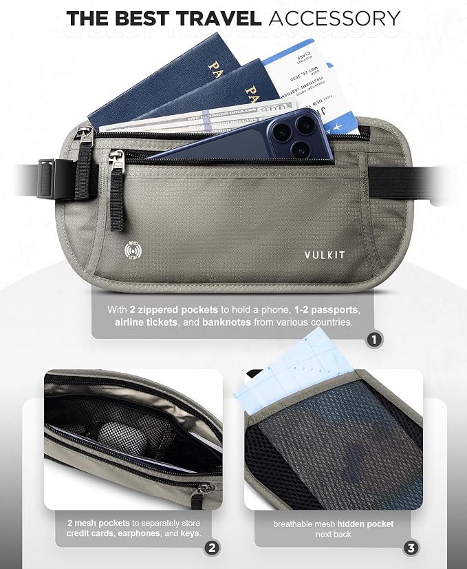 VULKIT Money Belt for Travel, Hidden Passport Holder, Anti-Theft Travel Wallet Under Clothes, RFID Blocking Waist Pouch, Undercover Fanny Pack, Cool Gray - Image 3