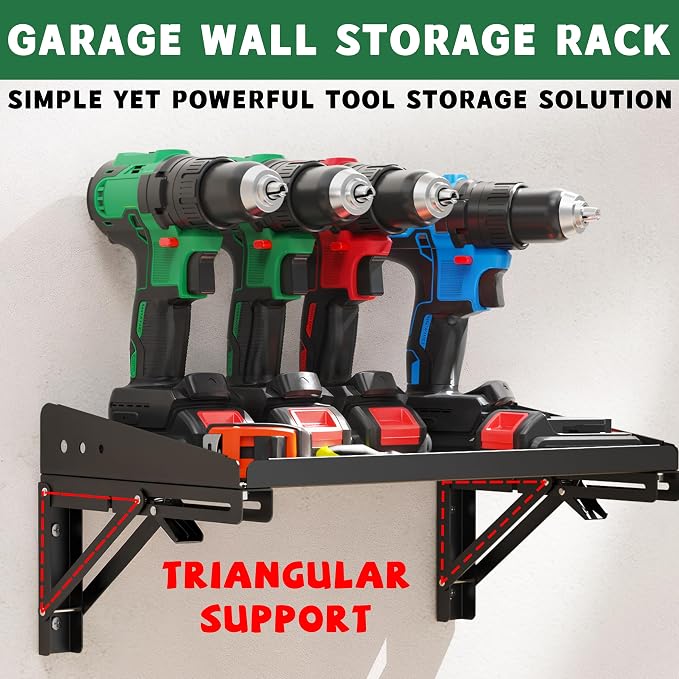 ULIBERMAGNET Garage Folding Storage Rack Shelves,200LB Metal Wall Mounted Adjustable Rail Shelf for Garage,Power Tools,Toolbox,Storage Shelves with Lip for Workshop Kitchen Office (2 Pack) - Image 4