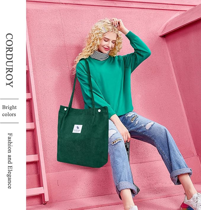 LHMTQVK Corduroy Tote Bags for Women, Large Capacity Tote Purse Reusable Grocery Shoulder Bag with Inner Pockets - Image 6