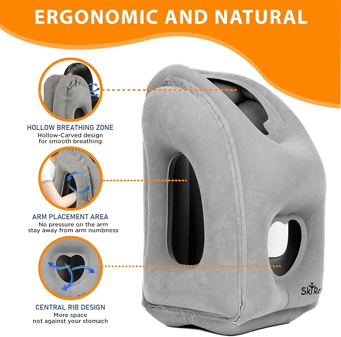 Inflatable Travel Pillow - Airplane Pillow for Neck Support on Long Flights, Buses, Cars, Office & Trains - Comes with Eye Mask, Earplugs & Portable Drawstring Bag - Grey - Image 5