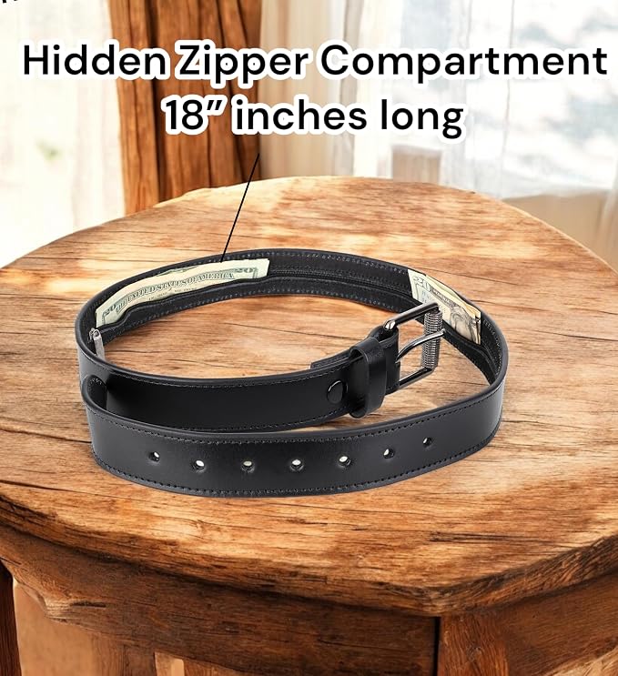 F&L CLASSIC Men’s Money Full Grain leather Belt, Hidden zipper Pocket, - Image 3