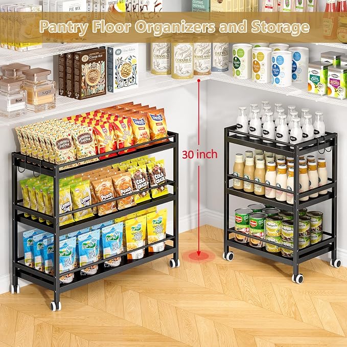 3-Tier Expandable Rolling Pantry Organizers and Storage Cart with Wheels, Adjustable Pantry Floor Organizer, Snack Cart for Pantry, Kitchen Storage Cart with 4 Hooks for Snack, Food, Vegetables, Black - Image 3