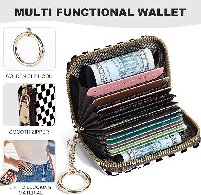 Credit Card Holder for Women,Small Rfid Wallet with Keychain Zipper,Cute PU Leather Card Case Wallet，Accordion Credit Card Wallets Gift,Checkered Pattern - Image 2