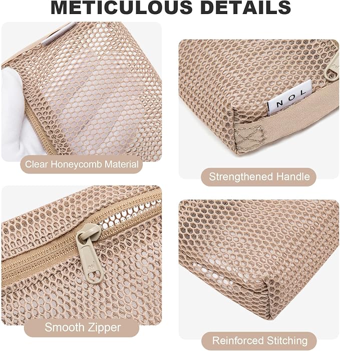 NOL 3-Pack Mesh Travel Toiletry Bags - Clear Zipper Travel Organizer, Airport Carry-On Compliant Reusable Cosmetic Makeup Bag for Women & Men (Khaki) - Image 7