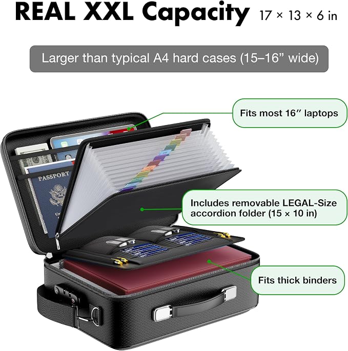 XXL Legal-Size Fire & Water-Resistant Document Box with TSA Lock - Hard-Shell Case (17×13×6 in) Hard Case File Organizer for Important Documents, Laptop, Passport, Wills & Certificates (Black) - Image 2