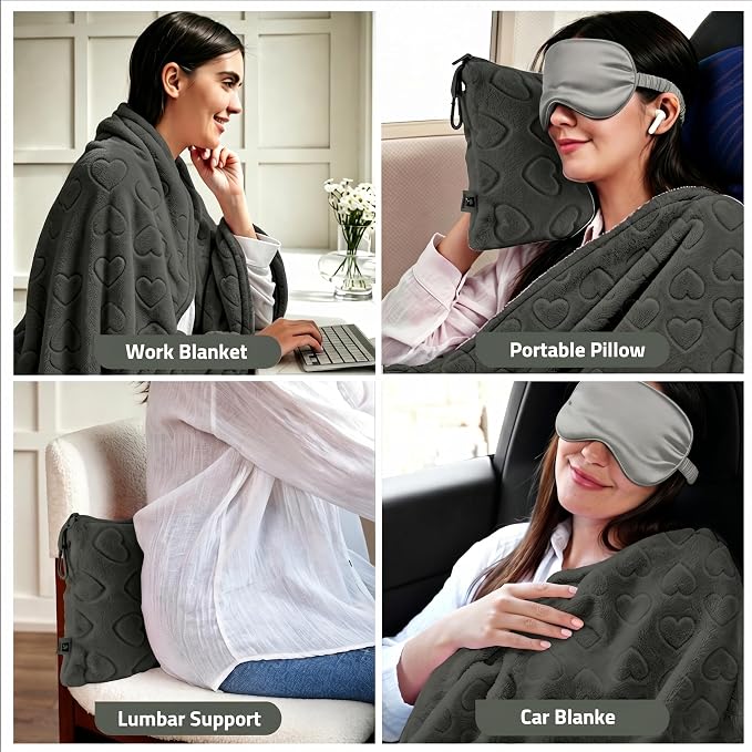 Travel Blanket, Airplane Blanket, Ultra-Soft, Warm & Lightweight, 65x40 in, Outdoor Blanket Essentials for Women, Men & Kids, Included Eye Mask, Luggage Sleeve & Backpack Clip Heart Grey - Image 4
