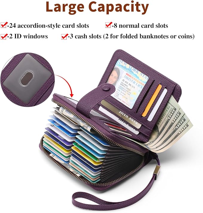 GAEKEAO Leather Credit Card Holder Wallet for Women RFID Blocking Large Capacity Bifold Zipper Card Case Organizer with Wristlet 32 Slots - Image 2