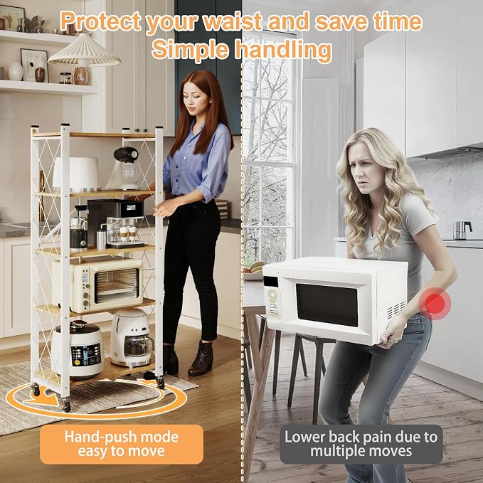 5-Tier Foldable Storage Shelves with Wheels Wood Grain Transfer | Portable Structure, Suitable For Kitchen, Bedroom, Living Room, Bathroom, Garage, 59*26*13in - Image 6