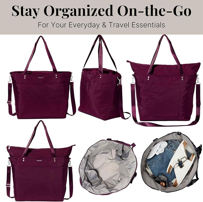 Baggallini Carryall Tote - Lightweight Nylon Zipper Top Weekender Travel Beach Bag w/Luggage Sleeve - Image 6